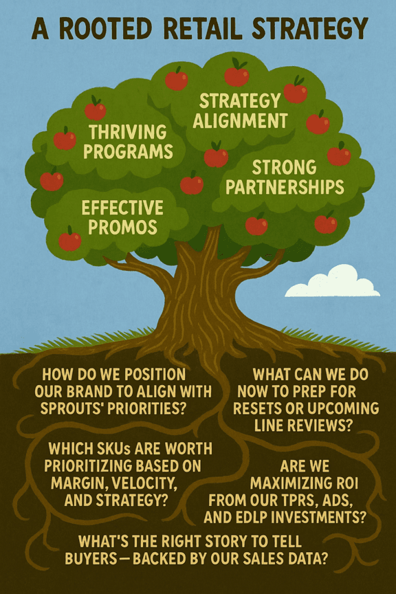 A Rooted Retail Strategy — a tree whose canopy holds strategic outcomes (alignment, partnerships, programs, promos) and whose roots hold the buyer-side questions those outcomes answer